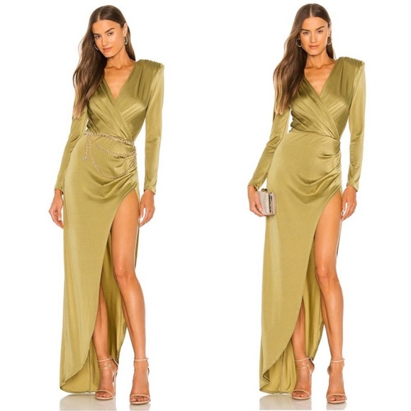 Bronx and Banco Olive Maxi Dress 6 Metallic Padded Shoulder Vneck Slit Surplice - Picture 1 of 12